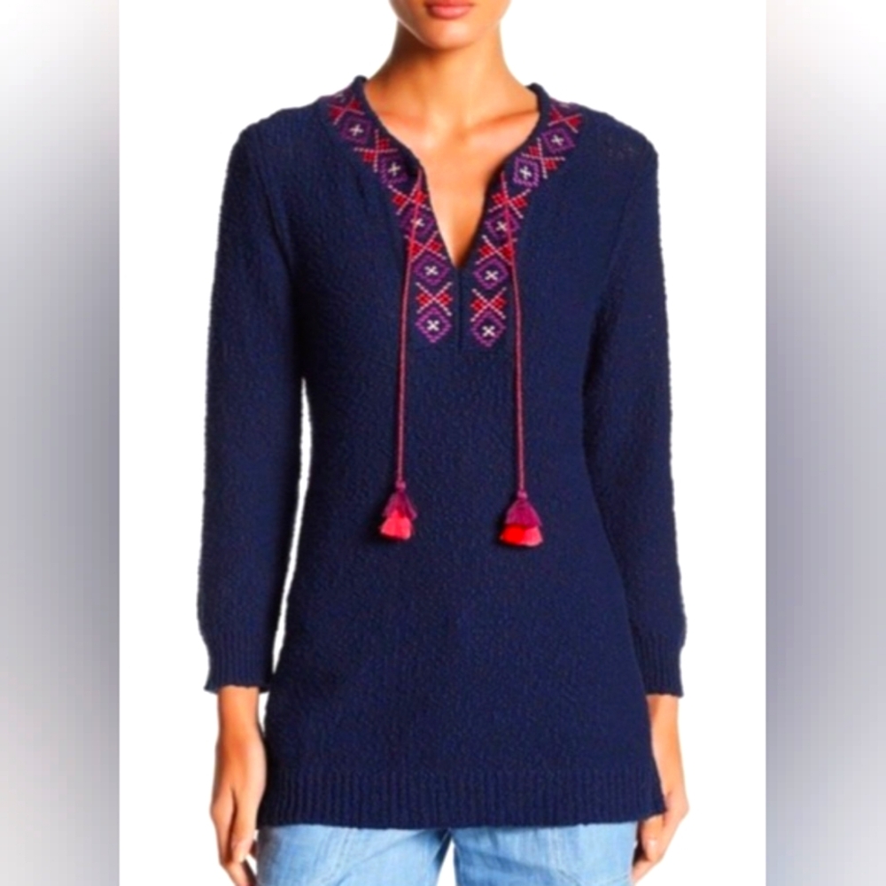 Tommy Bahama Sweater Blue Eden Bay Tassel Tunic Embroidered Long Sleeve Size S